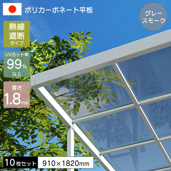 【10枚セット】 ポリカーボネート板 平板 1.8mm 熱線遮断ポリカシート グレースモーク 910×1820mm UVカット 紫外線 遮熱 アイリス 【代引不可】 51,419円