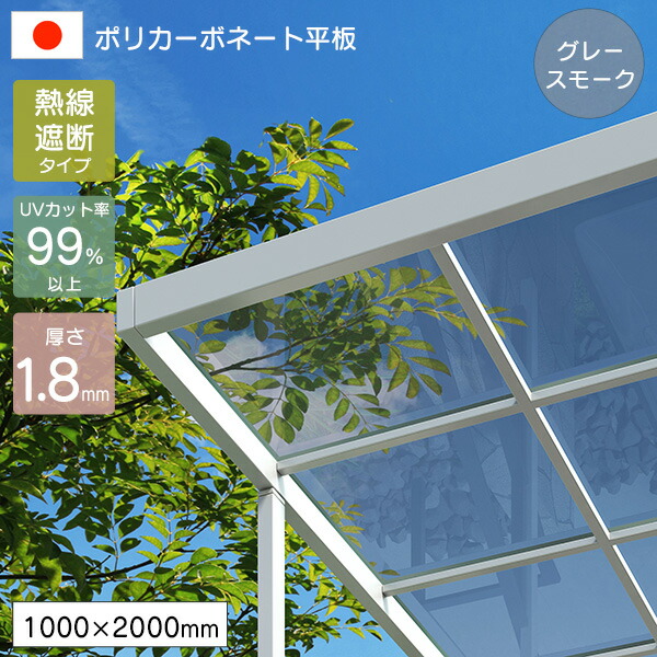 ポリカーボネート板 平板 1.8mm 熱線遮断ポリカシート グレースモーク 1000×2000mm UVカット 紫外線 遮熱 アイリス 【代引不可】