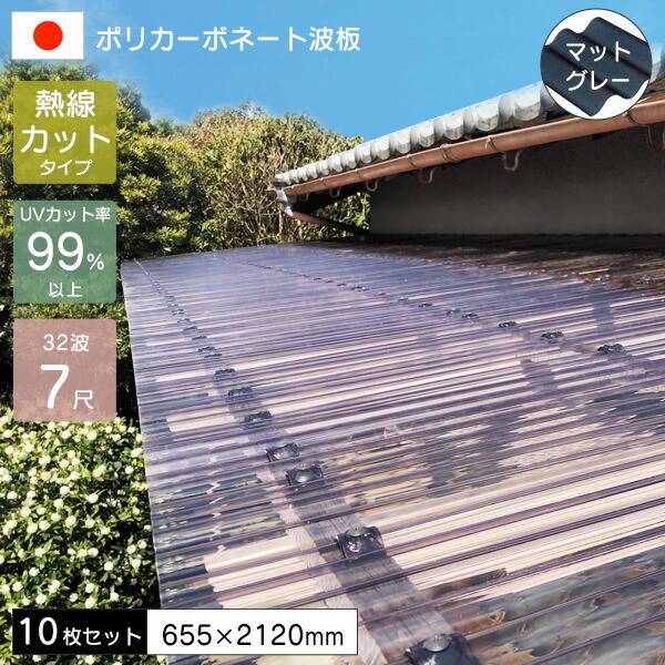 【10枚セット】 ポリカーボネート板 波板 0.7mm 熱線カットポリカ波板 7尺 マットグレー 655×2120mm UVカット 紫外線 遮熱 アイリス 【代引不可】