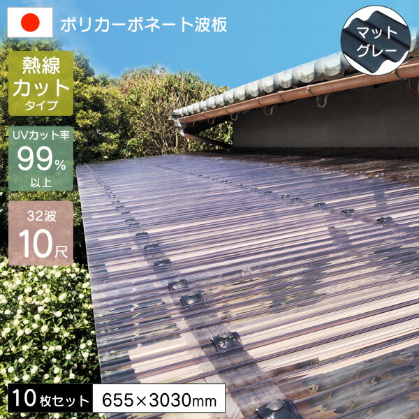【10枚セット】 ポリカーボネート板 波板 0.7mm 熱線カットポリカ波板 10尺 マットグレー 655×3030mm UVカット 紫外線 遮熱 アイリス 【代引不可】 21,571円