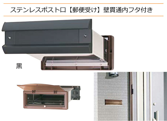 ステンレス ポスト 口 壁貫通 内フタ 付き 横型 ブラック 郵便 受け|DIYグッズ・生活雑貨のタキガワ