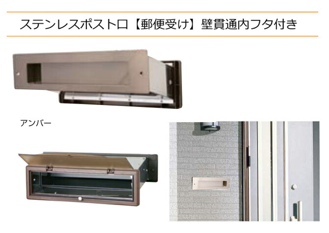 郵便うけ 郵便うけ口 ステンレス鋼製 壁突きとおる 内フタ付き添い人 #3000 横型 琥珀色