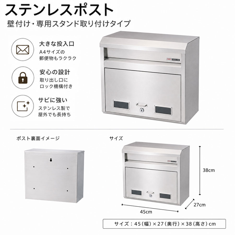 郵便うけ 682 ステンレス鋼郵便うけ 大型 置き手紙郵便うけ 【幅45×奥ふかさ27×高さ38糎】 郵便うけ 壁後ばらい 円柱錠付き添い人 ヘアーライン 戸建て バス発着場 執務室 外掛け 専用照明ランプ相応う