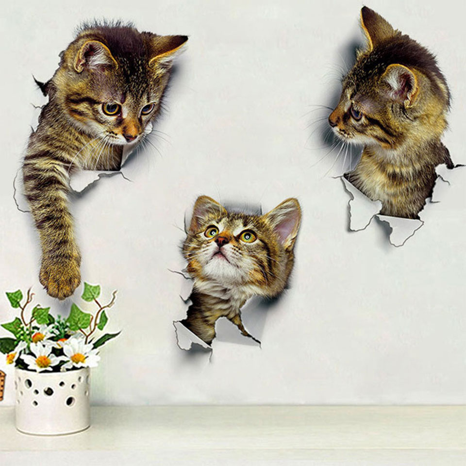 楽天市場 ウォールステッカー トリックアート 猫 ねこ キャット 動物 アニマル 壁から飛び出る 貼ってはがせる ステッカー 3枚セット 北欧 Diyリフォームショップ ケイララ