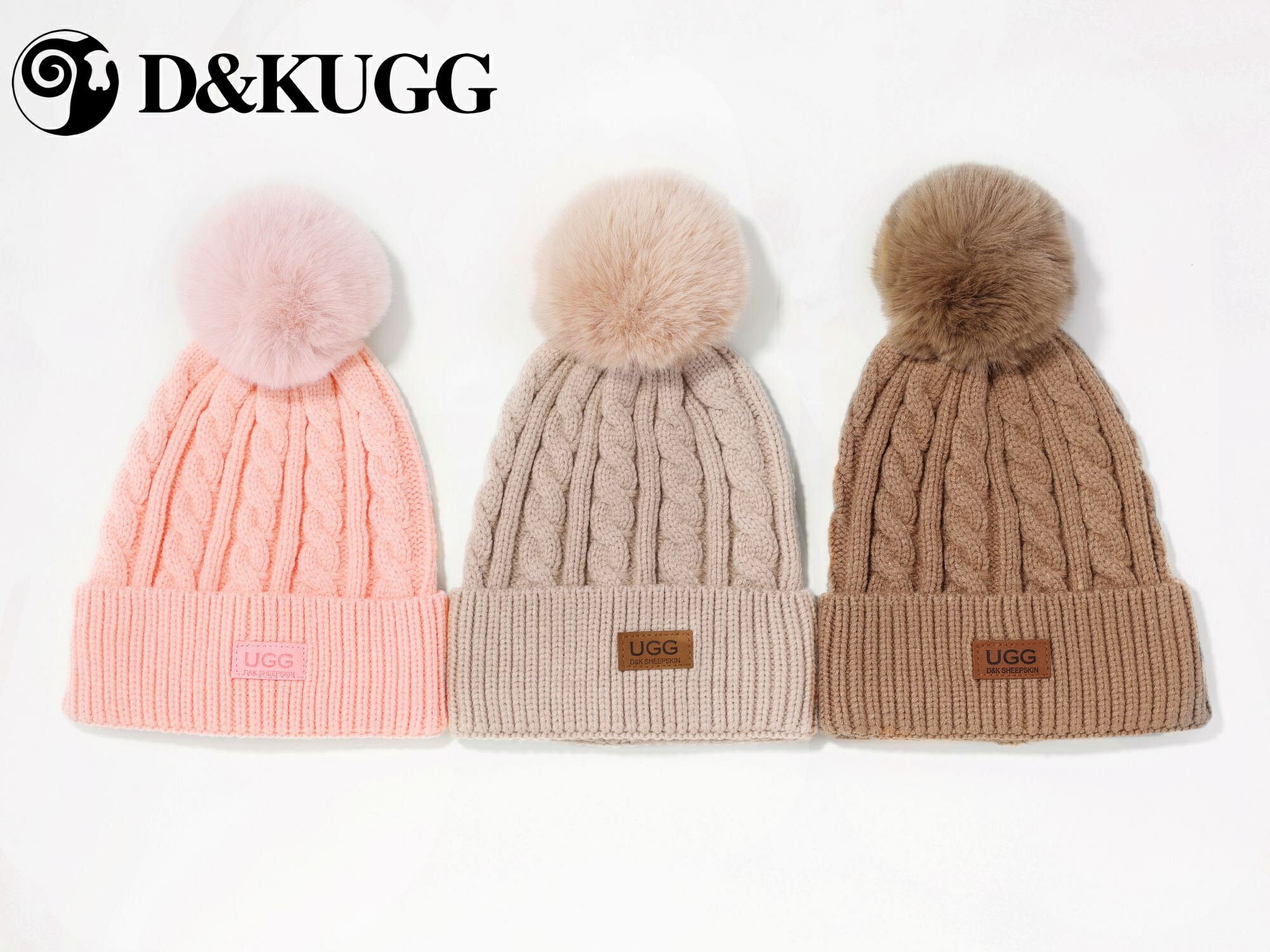 【D&K UGG】ポンポン付きケーブル編みニット帽 秋冬防寒 レディース ニット帽 もこもこポンポン付き 防寒 もこもこポンポン ケーブルニットワッチ 暖かい オーストラリア 防寒 保温性 通気性 あたたかい プレゼント｜D＆KUGG