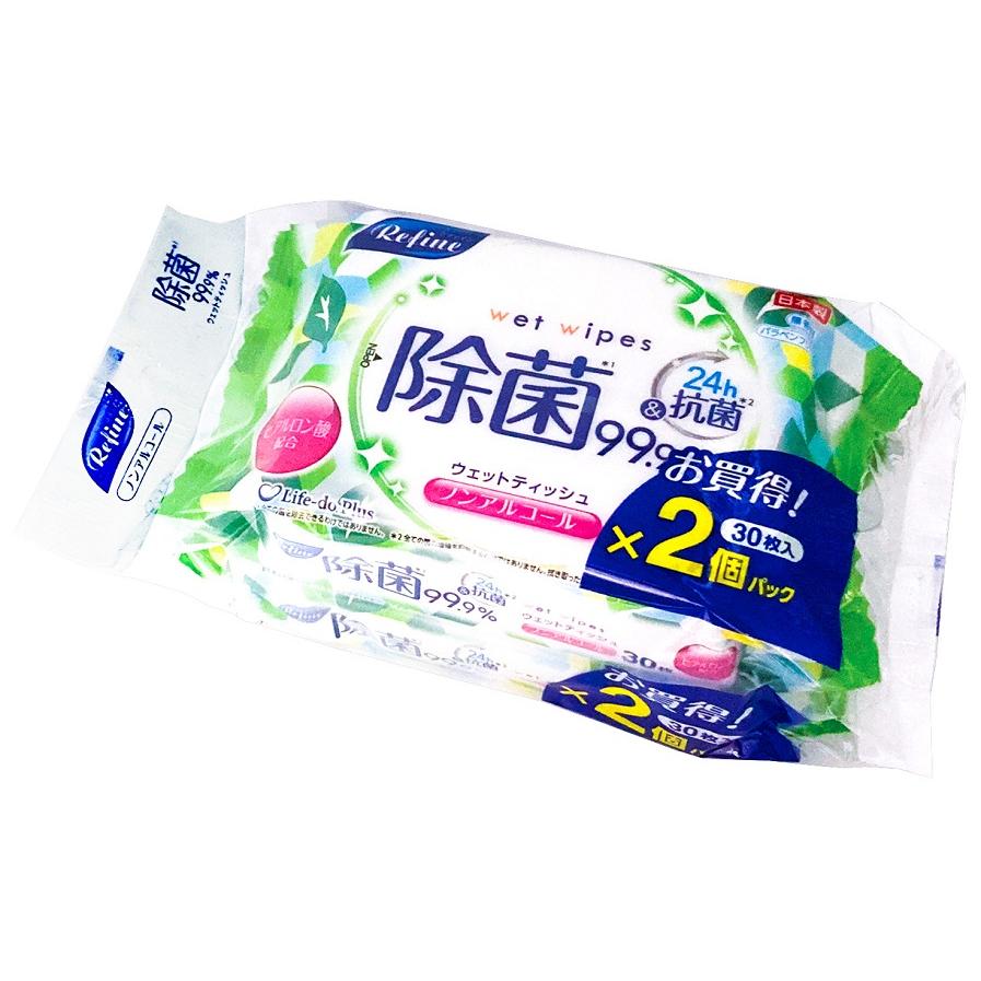リファイン おでかけウェットティッシュ30枚2P ノンアルコール除菌　180個セット　　 景品 粗品 ウェットティッシュ 衛生 まとめ買い 送料無料 プレゼント ノベルティ 配布 バラマキ 使い捨て 個包装 携帯用 持ち運び用 業務用 ティッシュ