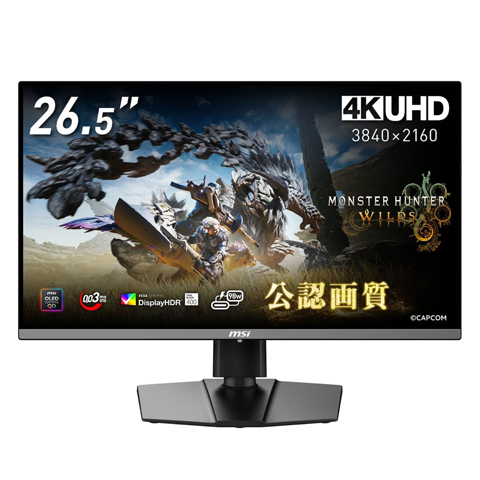 【お取り寄せ】MSI (MPG 272URX QD-OLED) 26.5インチ 240Hz 4K 『モンスターハンターワイルズ』公認画質QD-OLEDモニター (3840 x 2160 (240Hz) /HDMI2.1 /Displayport2.1a /USB Type-C)｜パソコンショップドーム店