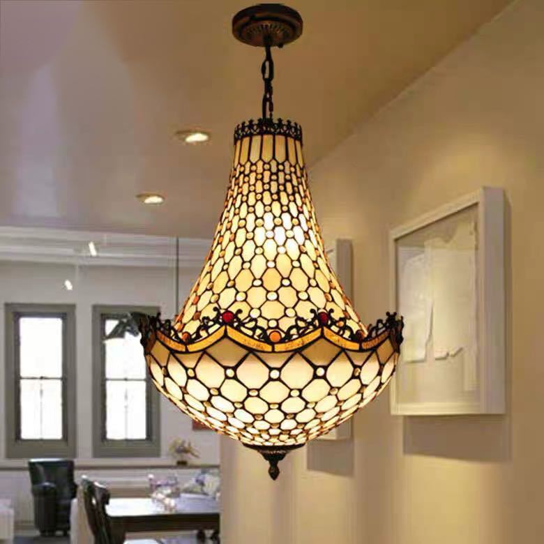ステンドグラス ペンダントライト 豪華天井照明ステンドグラスランプ ガラス工芸品 40cm 電源直結タイプ