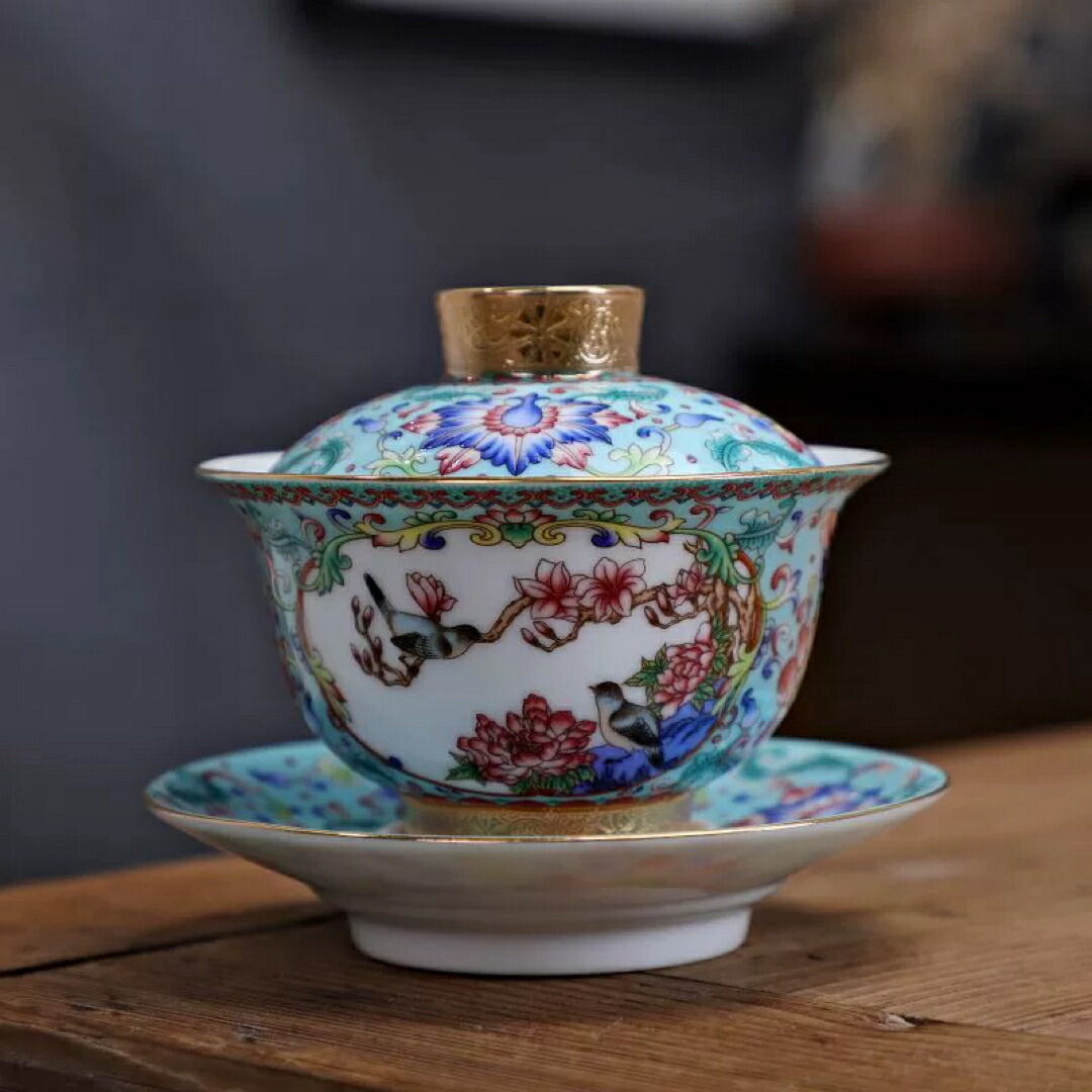 蓋碗 琺瑯彩 茶杯セット 茶器 三才碗 花柄 耐熱 陶磁器製の中国茶器 1客|BOBDOG SHOP