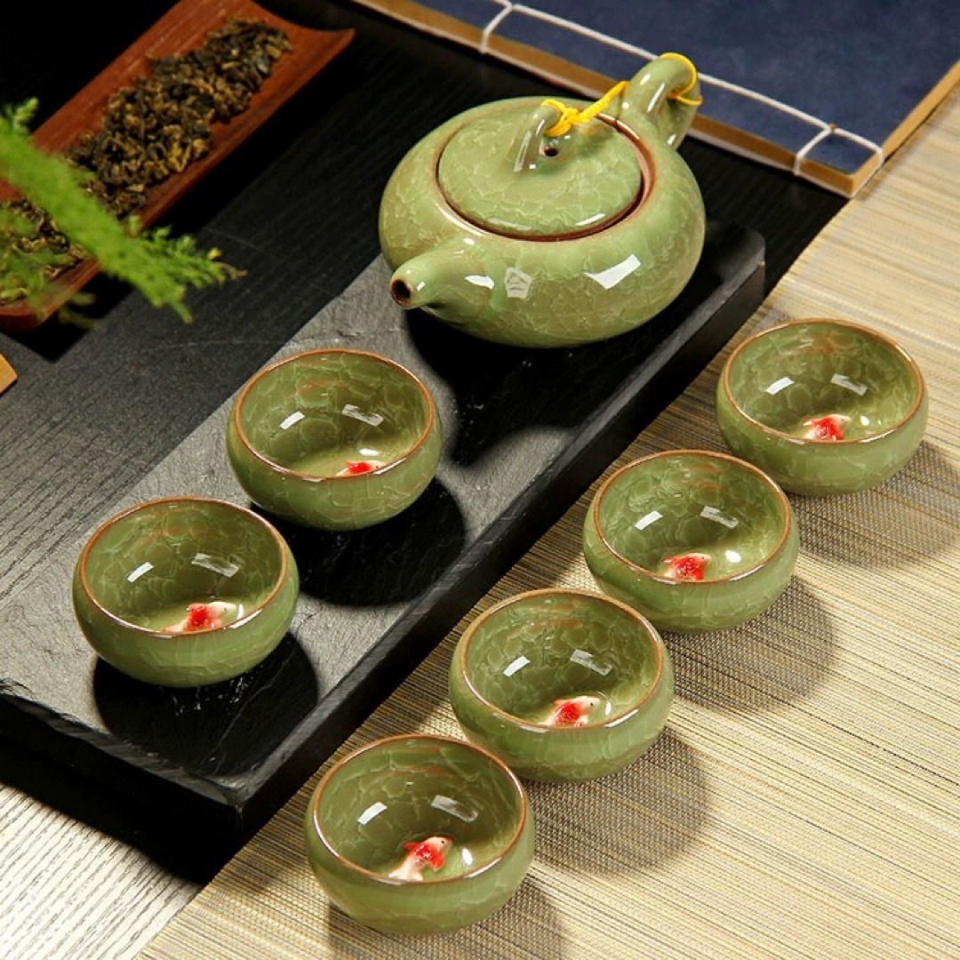 1684備前焼？　蓮に蟹細工　茶器セット　湯呑1客　湯冷し1客　湯呑5客　茶櫃付 Yahoo!オークション -「(カニ 蟹 かに)」(備前) (日本の陶磁)の