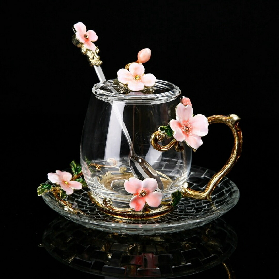 ガラス製ティーコーヒーカップ カップ＆ソーサー1客 花柄 琺瑯質彩カップ