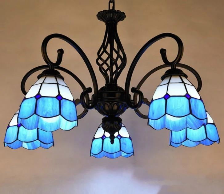L25ステンドグラス．ペンダントライト豪華天井照明ステンドグラスランプ ガラス工芸品 5灯 電源直結タイプ