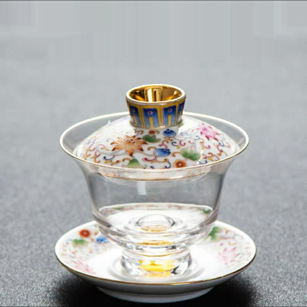 茶器ガラス蓋碗 200ml 磁器蓋と受け皿付き(花模様)高級 食器