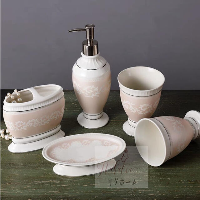 高級ソープディッシュ サニタリー 洗面用具5点セット歯ブラシスタンド バス用品