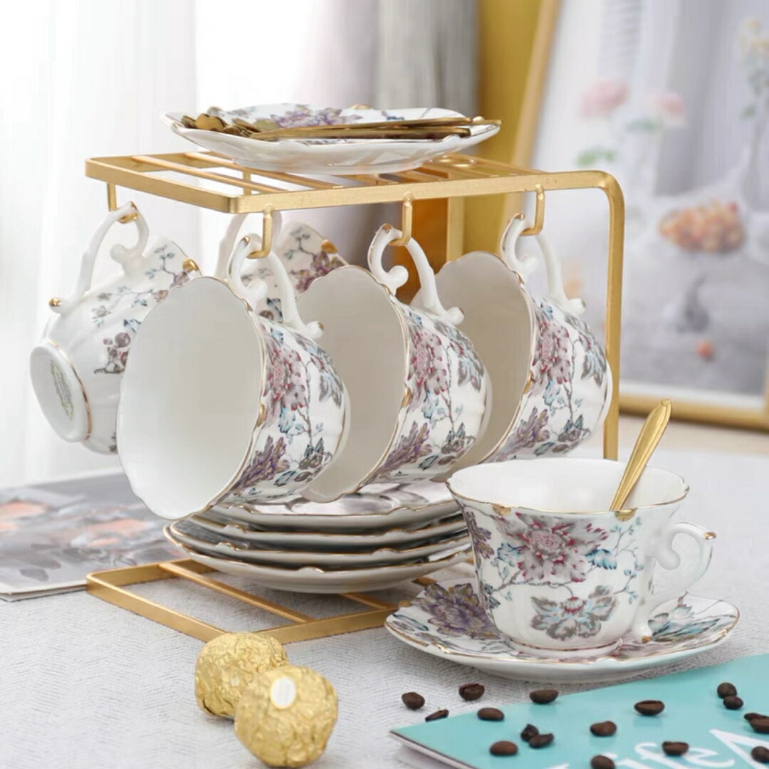西洋調ティーカップセット 花柄陶器 高級感 カップ＆ソーサー 6客コーヒーカップ