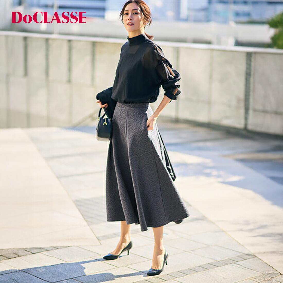 【ドゥクラッセ】 フラワージャカード・ロングフレアスカート レディース ( S～XXL ) 30代 40代 50代 大人、輝く服 【DoCLASSE】