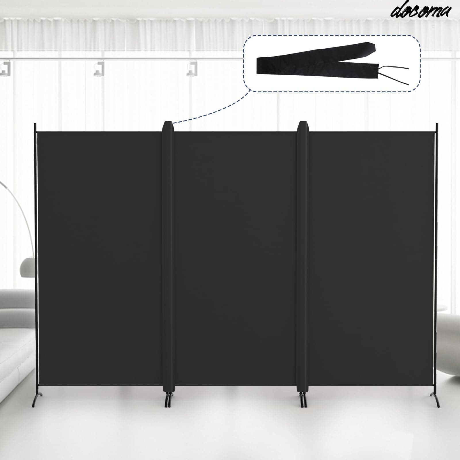 【送料無料】パーテーション 間仕切り 3連 カバーストリップ付き 高さ180cm 幅260cm 衝立パーテーション スクリーン 折りたたみ 布タイプ 屏風 目隠し 区切り 衝立 軽量 オフィス 事務所 ブラック｜ドゥコマ
