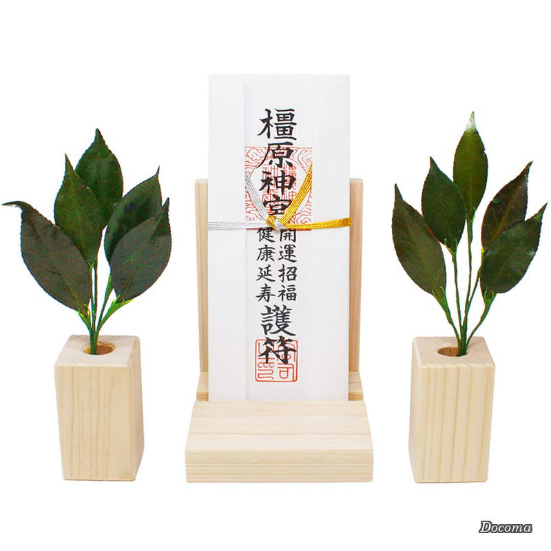 【貨物輸送無料】今めかしい神棚 未来永劫 榊付き添い人仕掛ける (納め札たて/プリザーブド榊 最小限度 一対/材木 榊立て) 榊 プリザーブド 水取り替えっこ不必要 美しさを守りつづける 椿葉当て嵌める (丹波産) 神棚 置き型 さかき