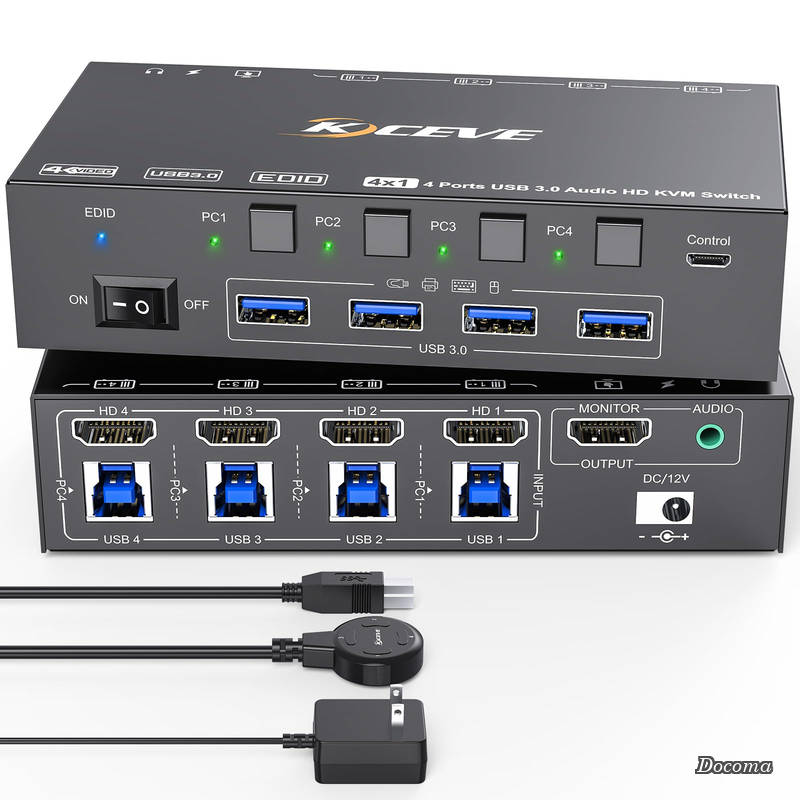 【送料無料】スイッチ 4 台のコンピューター 8K@60Hz 4K@120Hz、シミュレーション EDID、4 台のコンピューター用 USB3.0 KVM スイッチ、1 台のモニターを共有、キーボード、マウス、ヘッドセットを共有、有線リモコン、12V 電源アダプター、USB3.0 ケーブル付き｜ドゥコマ 10,925円