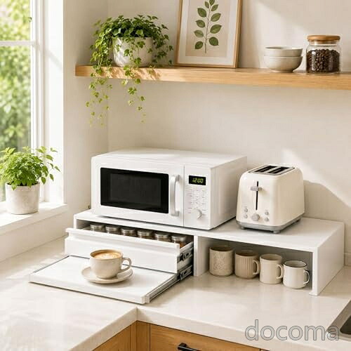 【送料無料】キッチン家電下収納 レンジ台下ラック 伸縮スライドテーブル 静音レール 引き出し付き スチール製 防水耐熱 大容量 耐荷重40kg 完成品 組み立て不要｜ドゥコマ