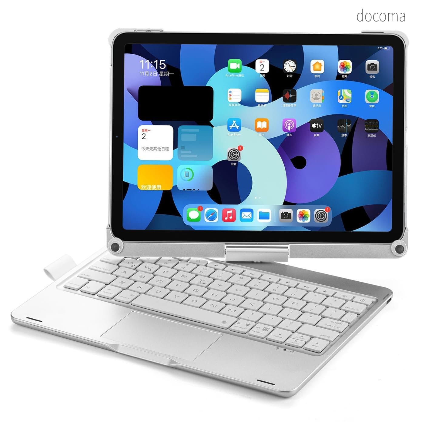 【送料無料】キーボードケース 対応 iPad Air 11 インチ(M4 2026/M3/M2)/iPad (11/10)世代/Air 5/Air 4/Pro11（第4/3/2 世代），縦置きスマート 一体式 タッチパッド付き バックライトキーボード，銀｜ドゥコマ