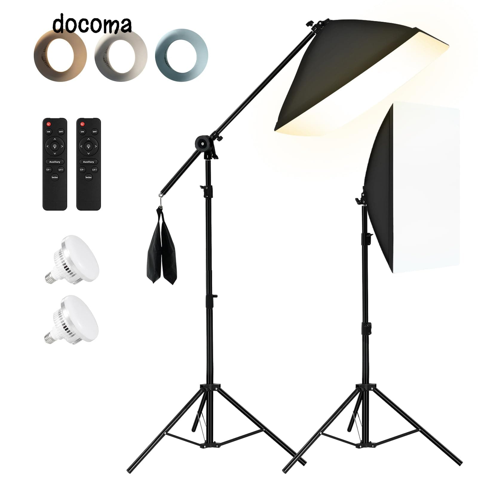 【送料無料】ソフトボックスキット 85W 撮影用ライト 撮影照明 50x70cm 撮影キット 3色温3000K-6000K調整可能 吊り下げアーム付き撮影用照明 写真照明 サツエイヨウ 2M三脚付き リモコン操作 お持ち込みやすい 商品撮影/YouTube動画照明/写真撮影／ビデオ｜ドゥコマ