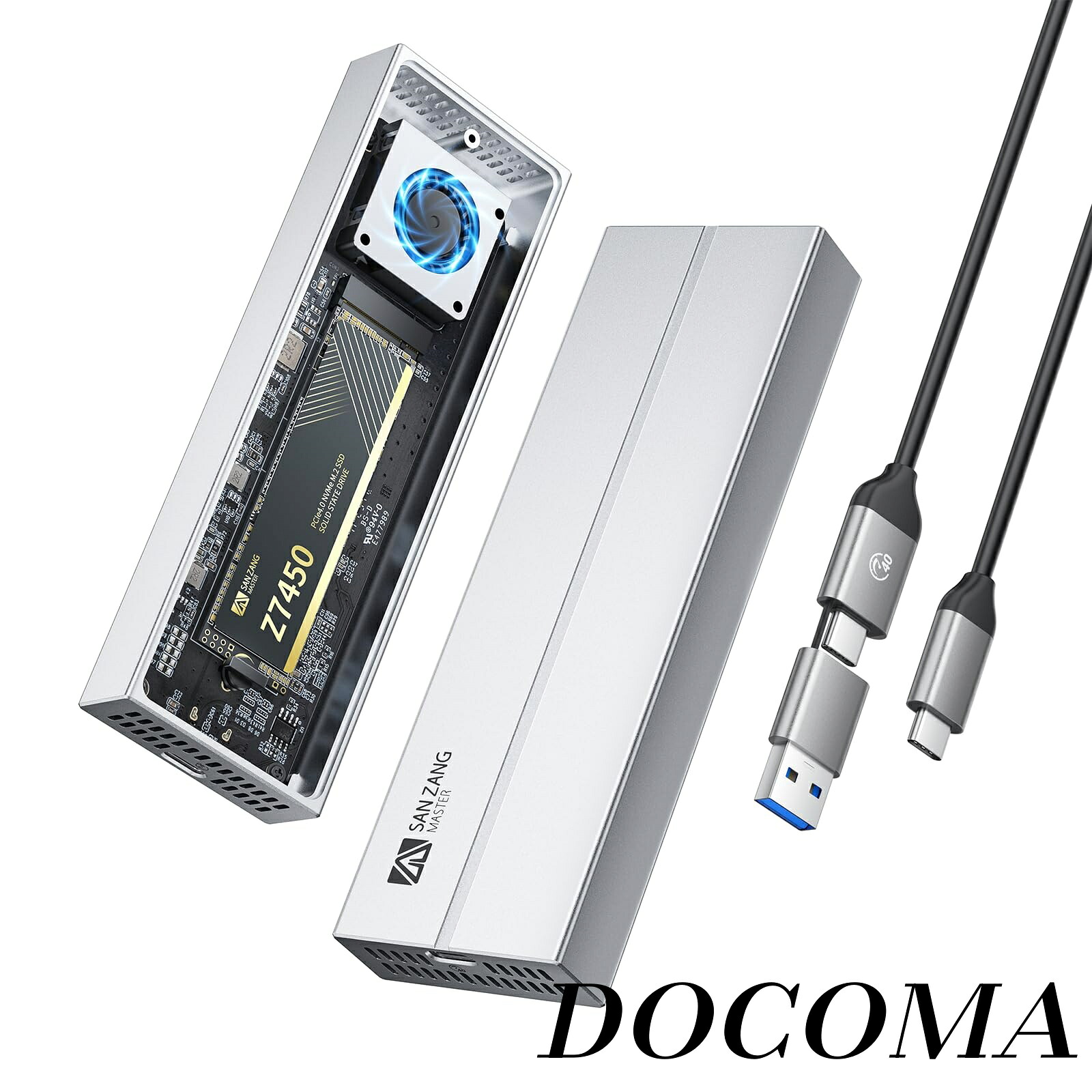 【まとめ買いで最大500円OFFクーポン!】【送料無料】MASTER M.2 NVMe SSD 外付けケース USB4/Thunderbolt 4 40Gbps 最速伝送 内蔵冷却ファン アルミ合金ボディ 2230/2242/2260/2280 SSD完全対応 (シルバー)