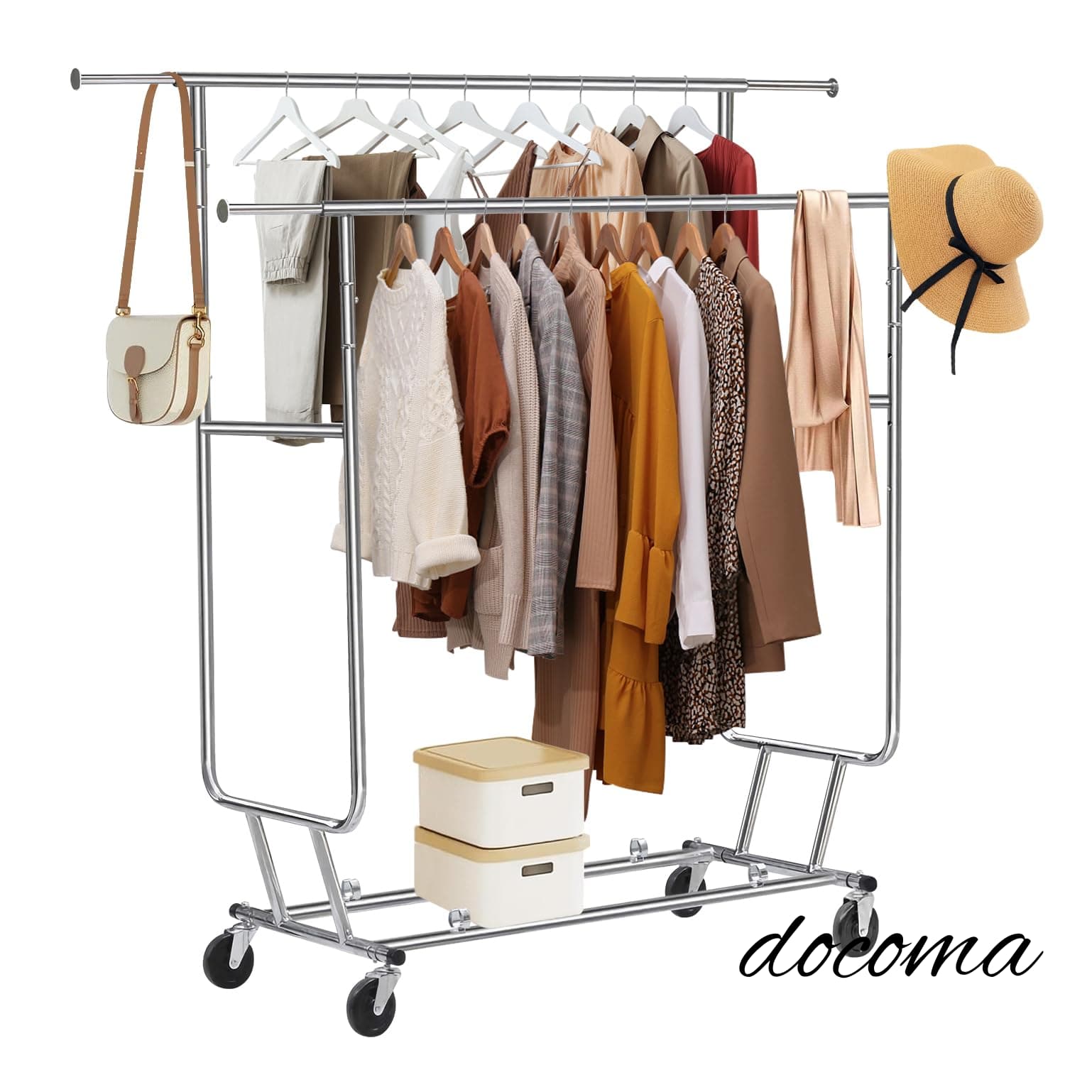 【送料無料】頑丈 2段 パイプハンガーラック 物干し スタンド 洋服ハンガー 大容量 洋服ラック たっぷり収納 耐荷重240KG 業務用 衣類ラック 高さ・縦横伸縮タイプ 幅130cm~190cm*高さ140cm~166cm*奥行55cm|ドゥコマ