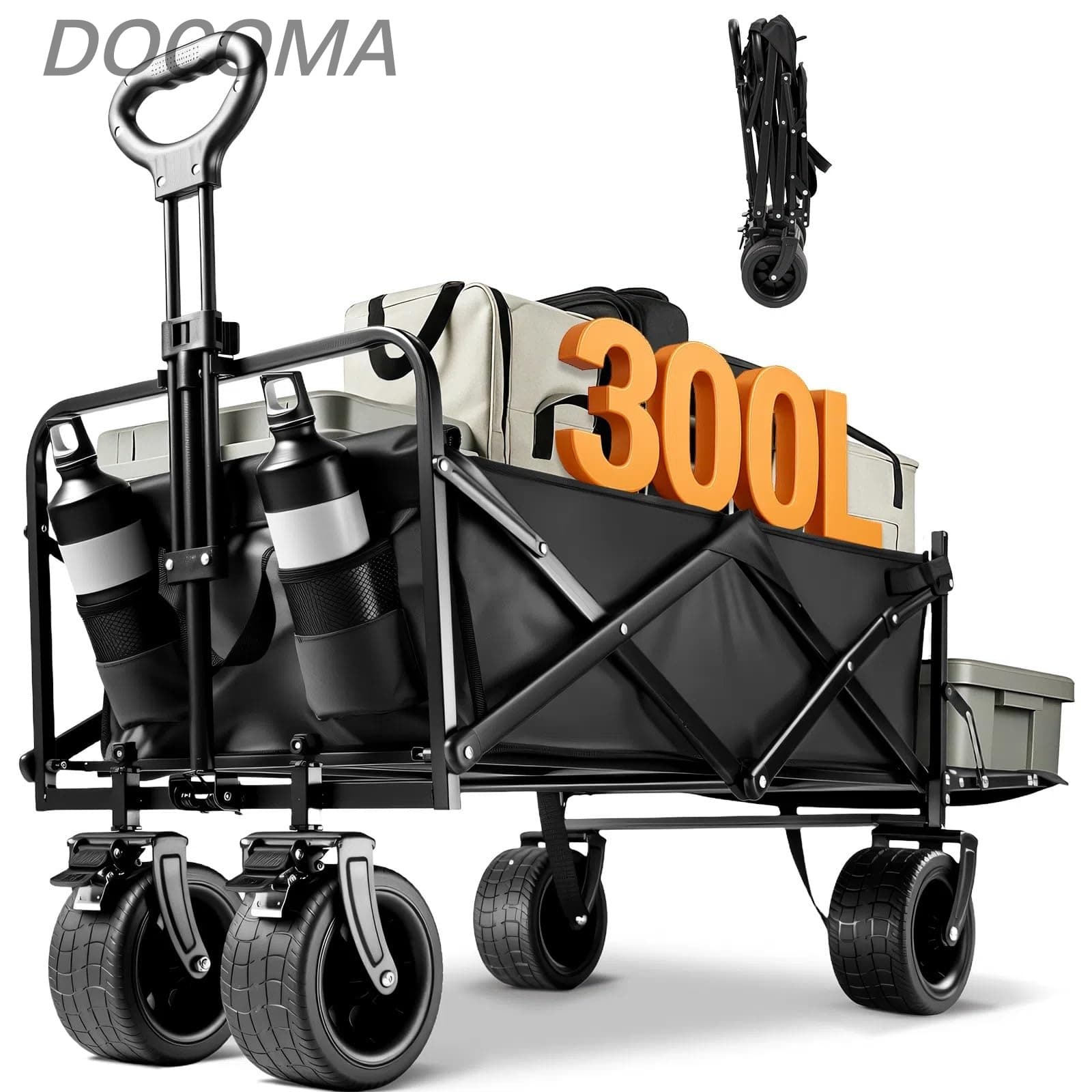 【送料無料】キャリーワゴン 【300L大容量 耐荷重250kg 長物対応 後部展開可】 キャリーカート ボトルポケット付き アウトドアワゴン キャンプ 折りたたみ ワンタッチ収束式 軽量 静音 キャンプ・引越し・BBQ・買い物・釣り・ゴミ出し・運動会 (ブラック300L)｜ドゥコマ