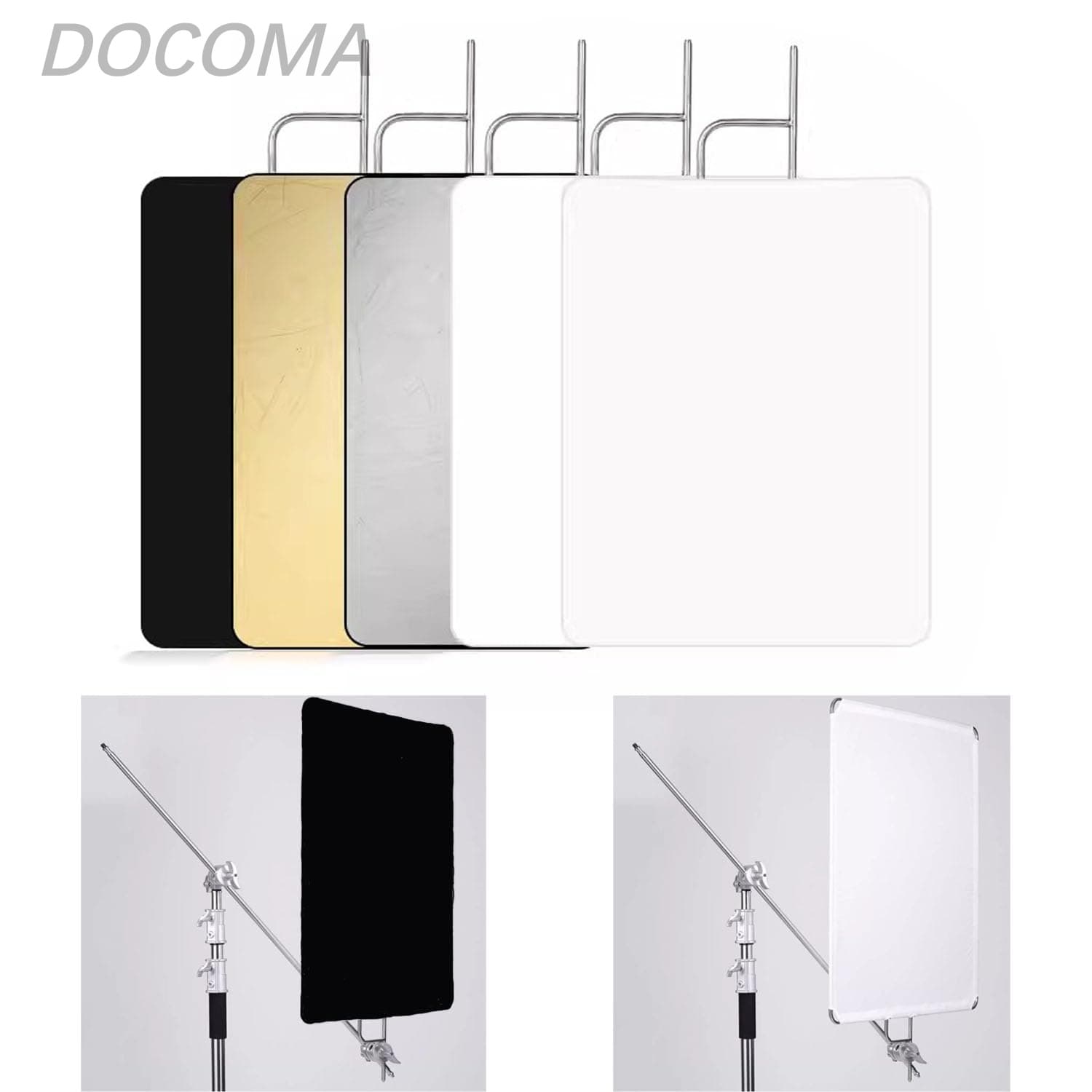 【送料無料】フラッグパネル x 120cm スタジオ照明 ディフューザー付き 5-in-1 レフ板(金/銀/白/黒/半透明) ステンレス製 撮影機材 折りたたみ式 ポートレート 商品撮影 屋外撮影|ドゥコマ