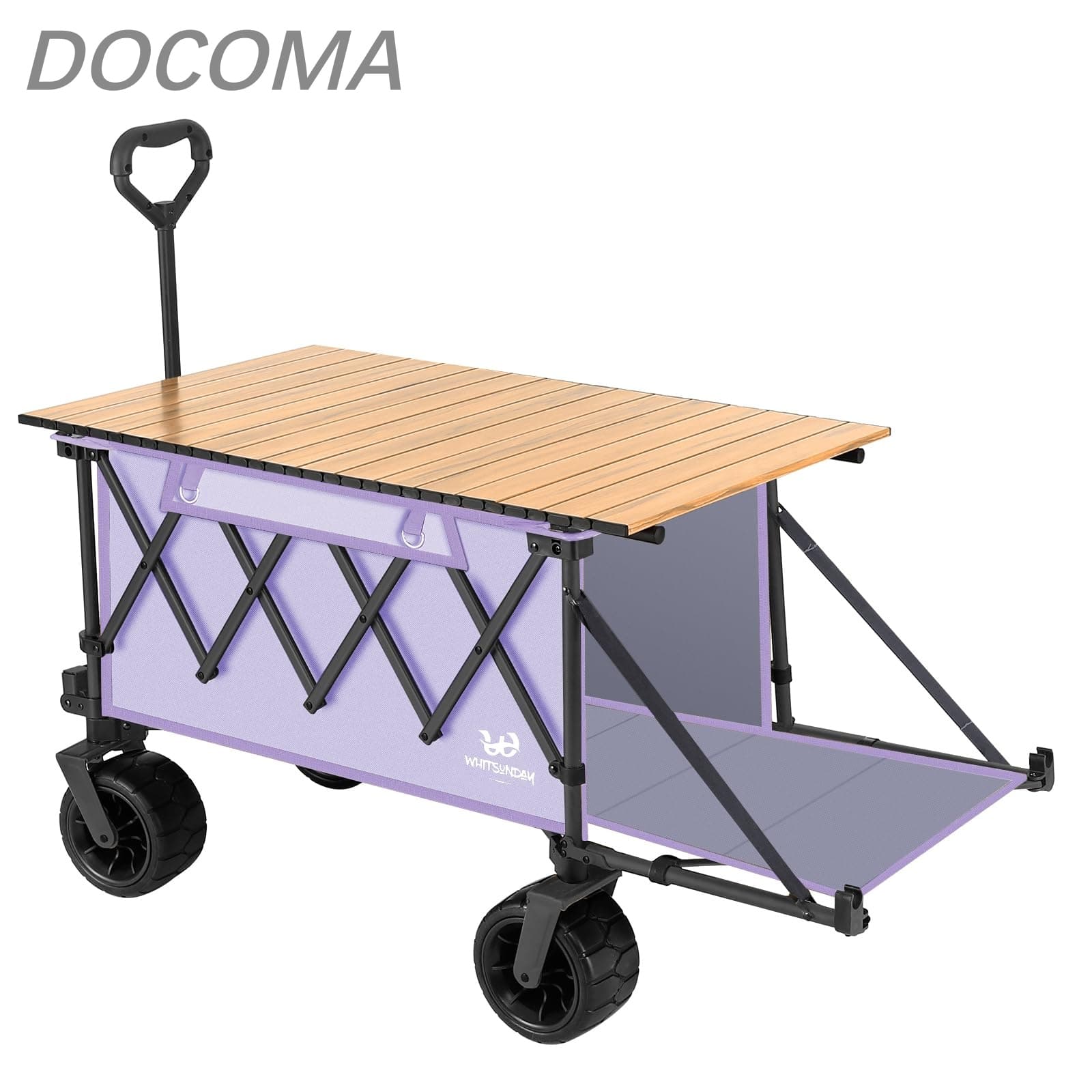 【送料無料】アウトドアワゴン 【後部展開可】特大容量 耐荷重200kg 長物対応 キャリー 【ベアリング付き】 ワンタッチ収束型 自立収納 キャリーワゴン キャリーカート キャンプカート (紫 大)｜ドゥコマ