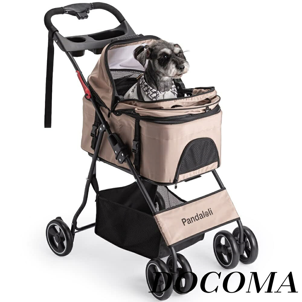 【まとめ買いで最大500円OFFクーポン!】【送料無料】犬 バギー:小型犬 中型犬 猫 多頭 カート 4輪 軽量コンパクト 飛び出し防止リード2本付き 前輪360&deg;回転 後輪ブレーキ付き 折りたたみ 組み立て簡単 耐荷重20Kg ベージュ色｜ドゥコマ