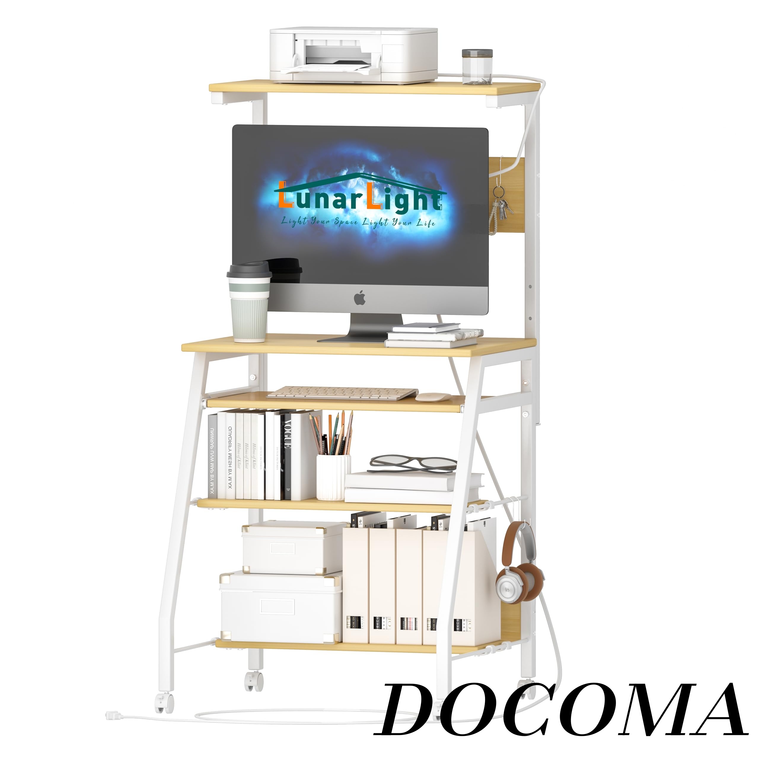【まとめ買いで最大1000円OFFクーポン!】【送料無料】PCパソコンデスク 机 幅60奥行53高さ72cm 3段調節モニター台（35.2～47.2cm対応）テレワーク プリンター台付き キーボード付き デスク 棚板調節可能 コンセント付き スーリムデスク ゲーミングデスク オフィスデスク 書斎
