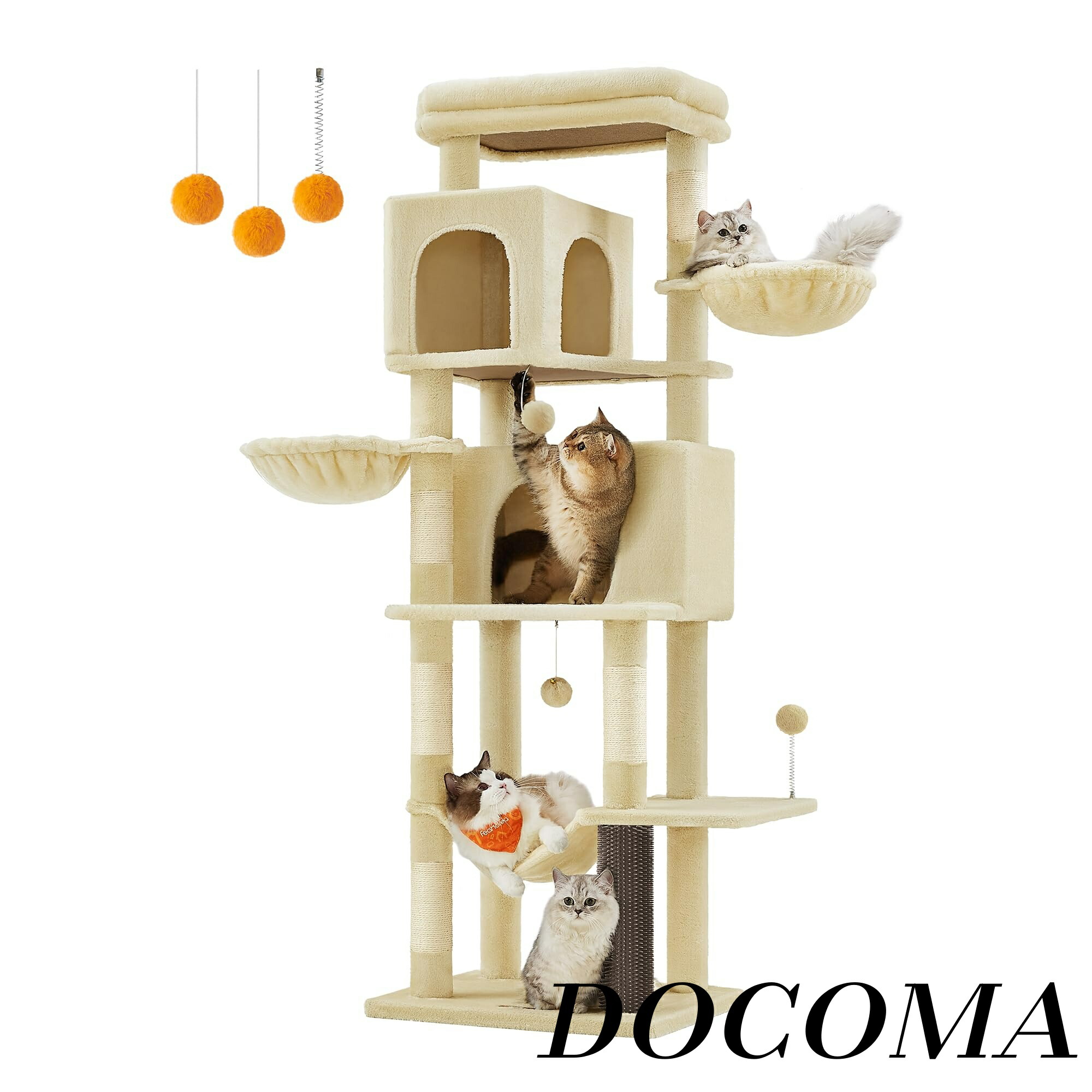 【まとめ買いで最大500円OFFクーポン!】【送料無料】猫タワー スリム 大型猫用 多頭飼い 据え置き 登りやすい 省スペース ハンモック 見晴台 ねこハウス ボンボン 天然麻紐 高さ175cm 猫用キャットタワーが新登場PCT182Y01