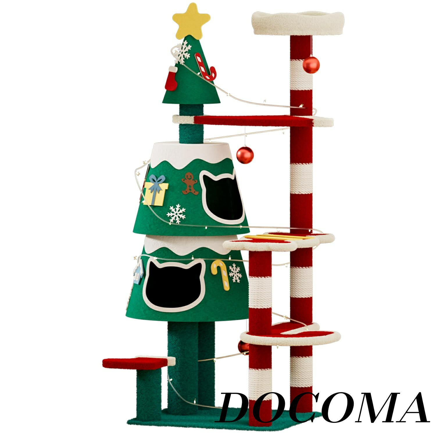【まとめ買いで最大500円OFFクーポン!】【送料無料】猫タワー クリスマス 猫ハウス2つ付き 人気 おしゃれ 高さ｜ドゥコマ