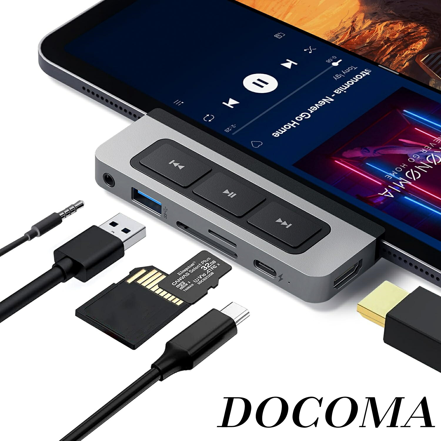【まとめ買いで最大500円OFFクーポン!】【送料無料】Pro usb-c ハブ 6-in-1 Media Hub メディアボタン 拡張 4K HDMI出力 60W PD MicroSD SDカードリーダー イヤホン usb 接続 ショートカットキーボード コントロール アルミ HP-HD449｜ドゥコマ