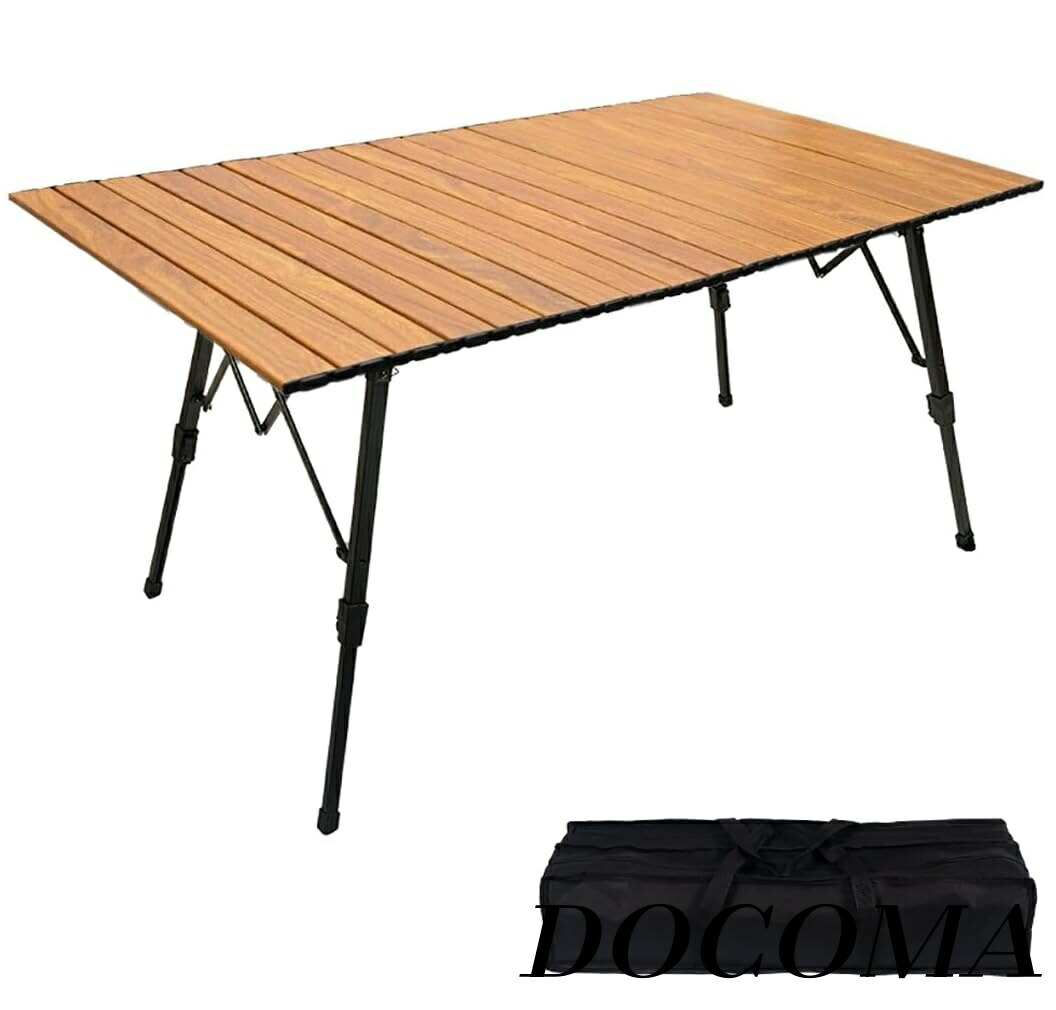 【まとめ買いで最大500円OFFクーポン!】【送料無料】キャンプテーブル 120×70 折りたたみ ロールテーブル 軽量 アルミ製 ウッド調 木目 ブラウン 耐熱 安定 コンパクト 組立簡単 収納バッグ付