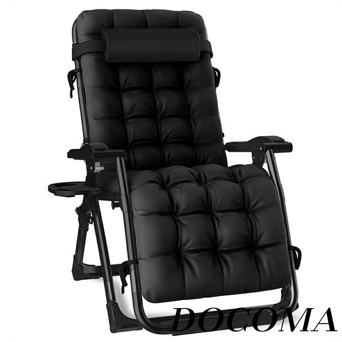 【まとめ買いで最大500円OFFクーポン!】【送料無料】折りたたみ椅子 耐荷重180kg 角度調節 無段階調節 収納便利 無段階調節 ヘッドレスト 昼寝 仮眠 カップホルダー付き 枕つき 庭/花見/砂浜/キャンプ (ブラック+ブラックパールパッド) [並行輸入品]