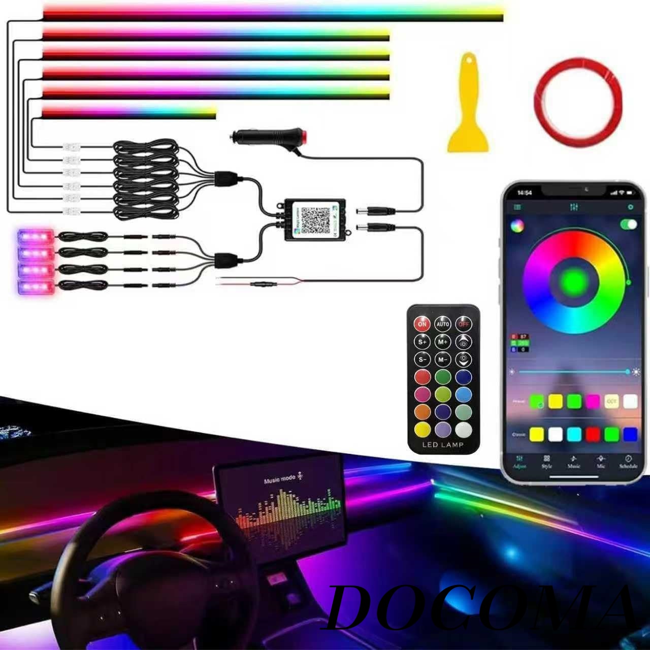 【まとめ買いで最大500円OFFクーポン!】【送料無料】LEDテープ シガー式 10IN1 RGB 高輝度 16000色 雰囲気 無段階調光 音による変色 車内装飾 足元灯 車用 ダイナミック フルカラー 流れる光デザイン 多色切り替え機能搭載 アプリ操作 リモコン付き(10IN1)