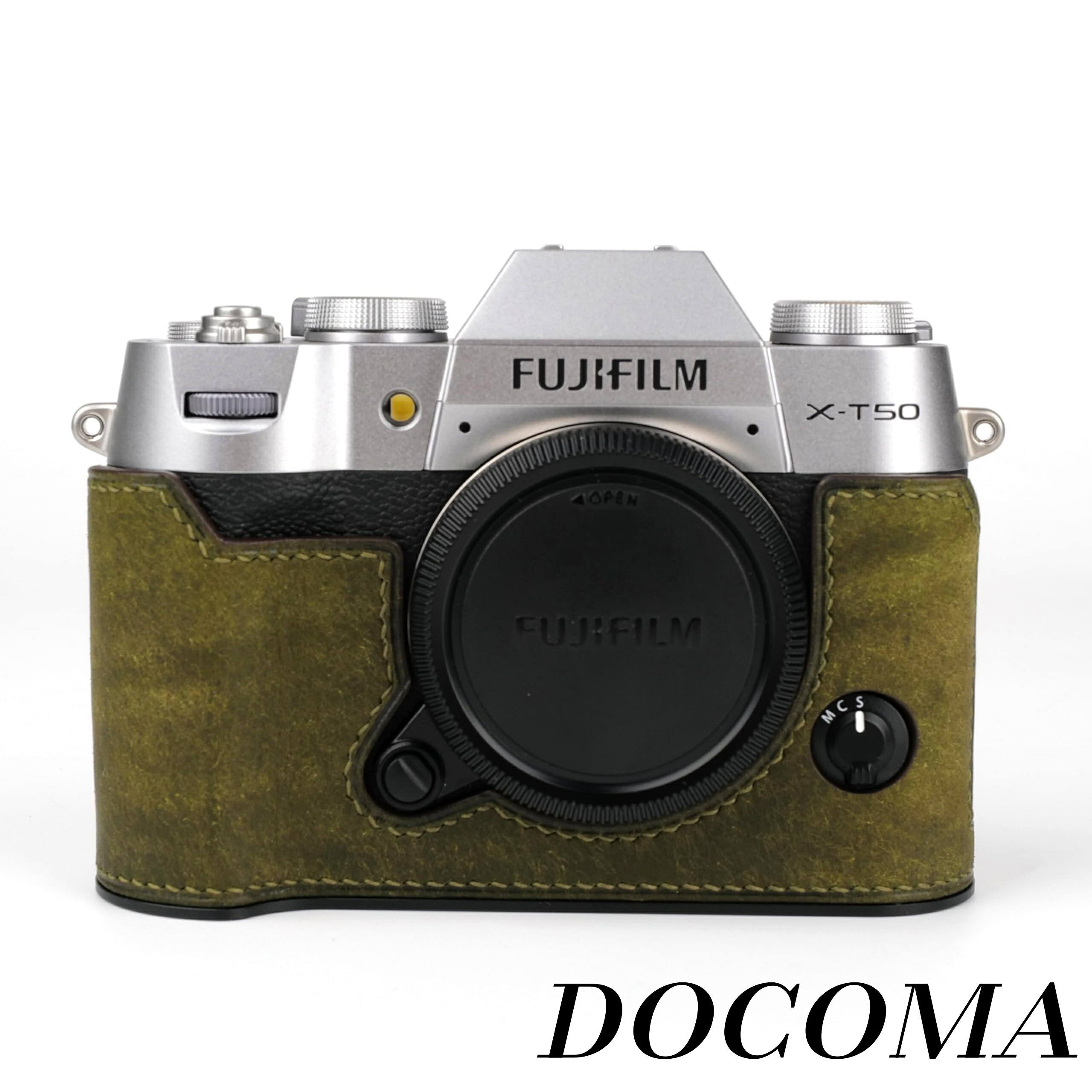 【まとめ買いで最大500円OFFクーポン!】【送料無料】Fuji X-T50 専用 カメラケース カメラカバー カメラバッグ 本革 【純手作】頭層牛革本体+手で縫った鞍形のピンで作られています+メタルベースプレート3-in-1デザイン (Dark Green)｜ドゥコマ