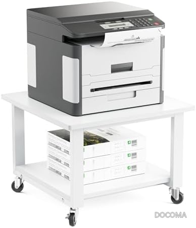 【送料無料】プリンター台 キャスター付き 2段ラック 耐荷重150kg 幅50cm 奥行50cm 高さ35cm 木製スチール 移動便利 簡単組立 オフィス家庭用 ホワイト｜ドゥコマ