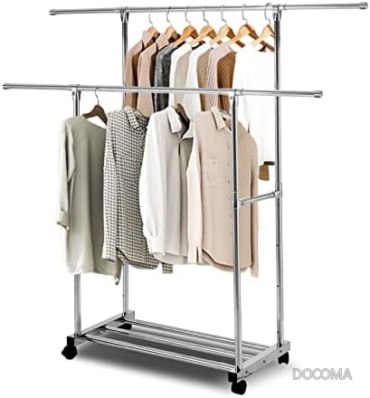 【送料無料】伸縮式 ハンガーラック 洋服ラック 高さ調節可能 5段 キャスター付き 耐荷重100kg ワードローブ 衣類収納 リビング 玄関 おしゃれ コート掛け｜ドゥコマ