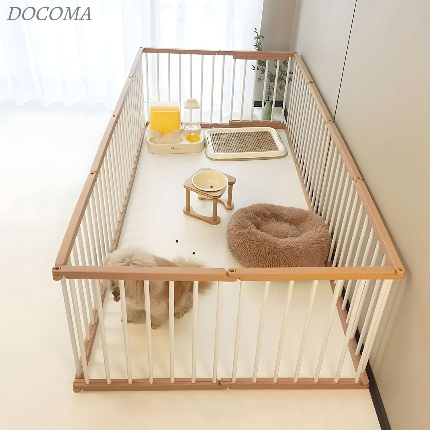 【送料無料】ペットサークル 犬 サークル ドア付き 室内外兼用 自由にレイアウトOK 折り畳み ペットケージ 犬 ゲージ 多頭飼い 安全柵 室内 小型犬 中型犬 組み立て簡単 幅183×奥行93×高さ68cm 木色|ドゥコマ