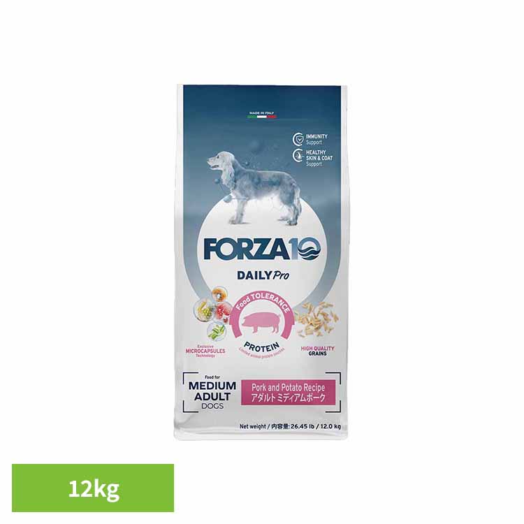 Forza10 Daily Pro アダルトミディアム 豚肉 12kg  自然的 アレルギー反応 豚 予防注射 腫れる 米 割り増し金 中粒 ボンネット 犬 【B】