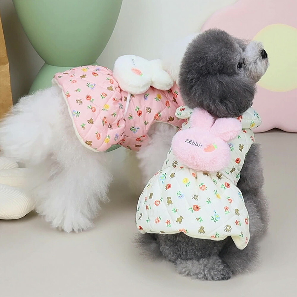 犬 服 冬 裏ボア うさぎ 2カラー スカート ホワイト ピンク ベスト 