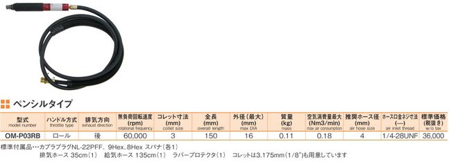 大見工業 大気圏－圧砕機 エアロ回転運動 鉛筆手合い OM-P03RB(一巻き遣りくち)Φ３軸