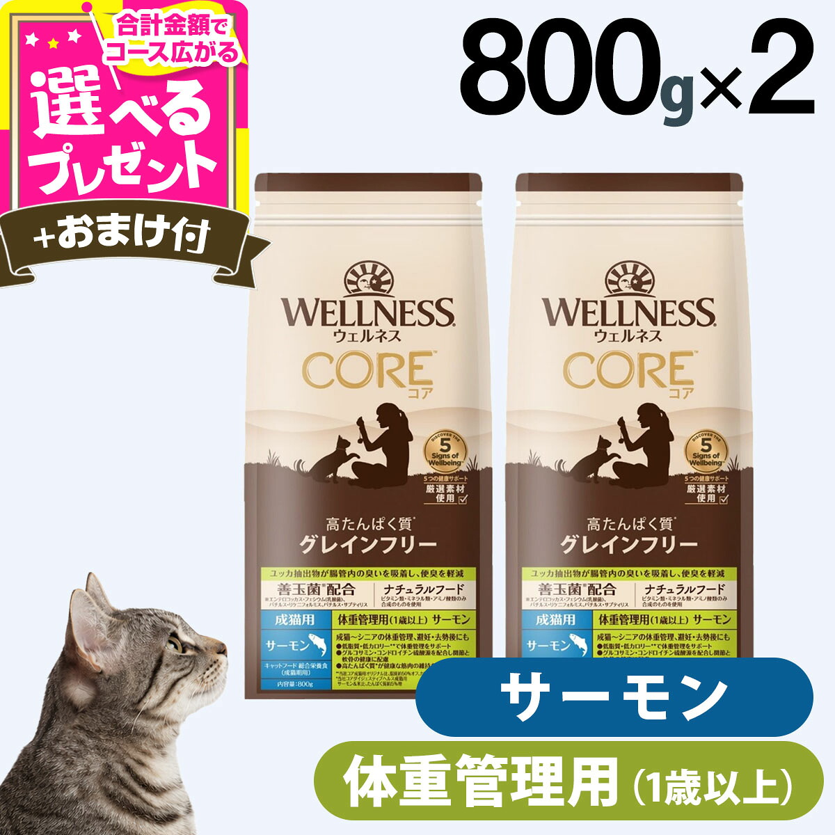 ウェルネス コア 高たんぱく質・穀物不使用 体重管理 成猫用 (1歳以上) サーモン 800g×2袋＋おやつ1個 成猫 ねこ 体重管理 ダイエット 低脂肪 乳酸菌 魚肉 キャットフード ドライ 穀物不使用 グレインフリー【C】