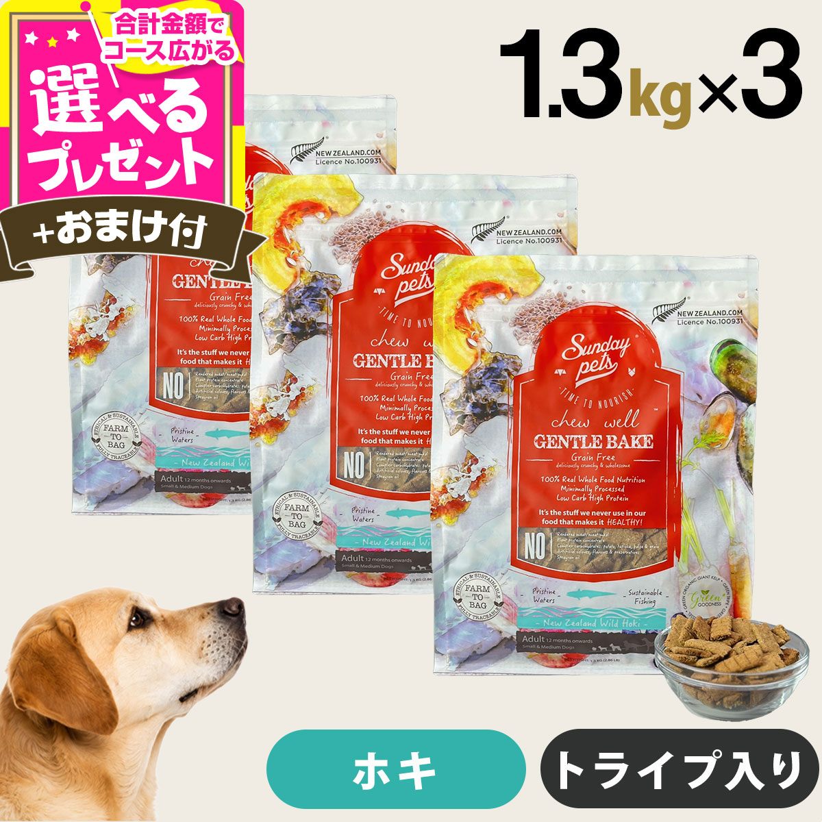 サンデーペッツ ドッグフード ジェントルベイク グレインフリー ワイルドホキ ウィズトライプ1.3kg×3個セット＋選べるおまけ付き 犬 ドックフード 成犬 穀物不使用 魚 ビーフトライプ【D】