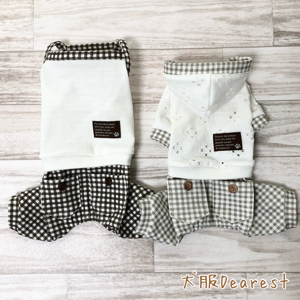【イタグレ・ミニピン専用】【デザインが選べる】ブラウン　グレージュ　ギンガムチェック×レースニット つなぎ ワンピース スカートパンツ　カバーオール 犬の服 犬服Dearest