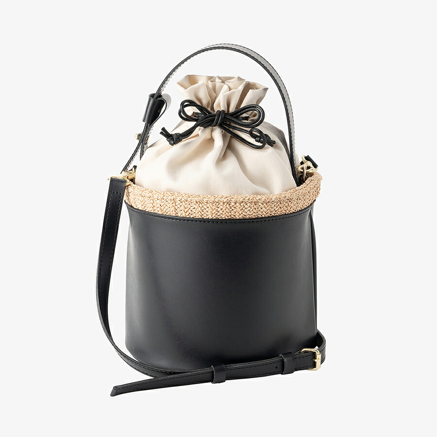 round basket bag / black ショルダー紐付き 巾着 バスケット ラウンド 